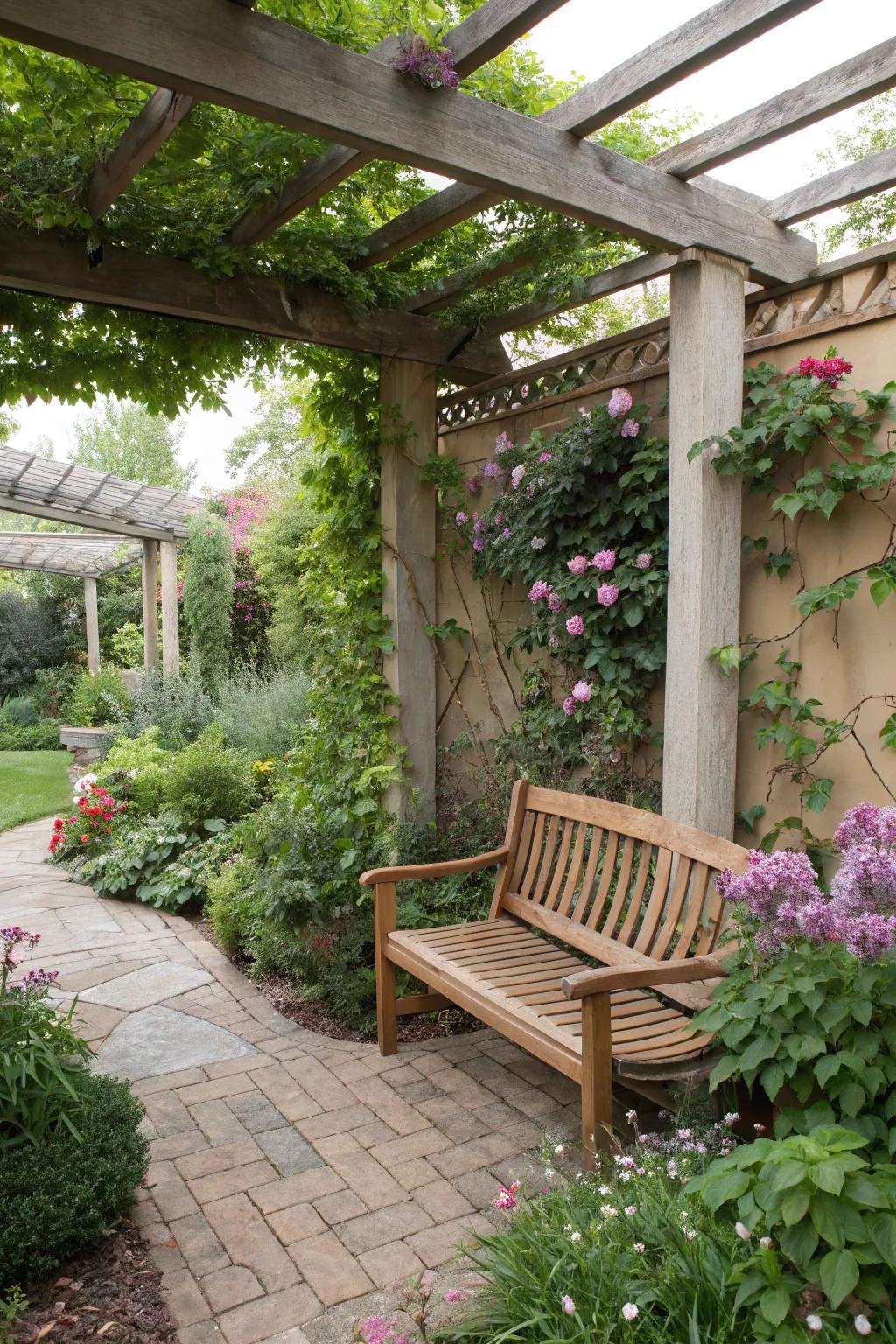 A seating nook offers a serene spot to unwind in your garden.