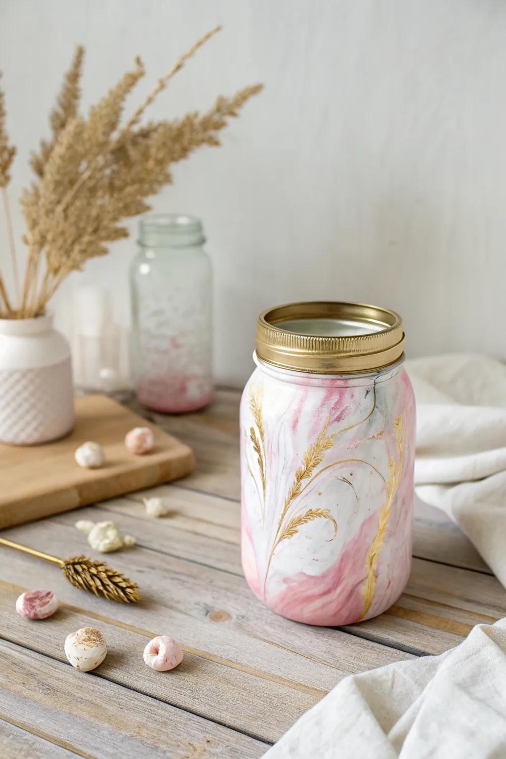 Add a touch of elegance to your Valentineâs decor with a marbled mason jar masterpiece.