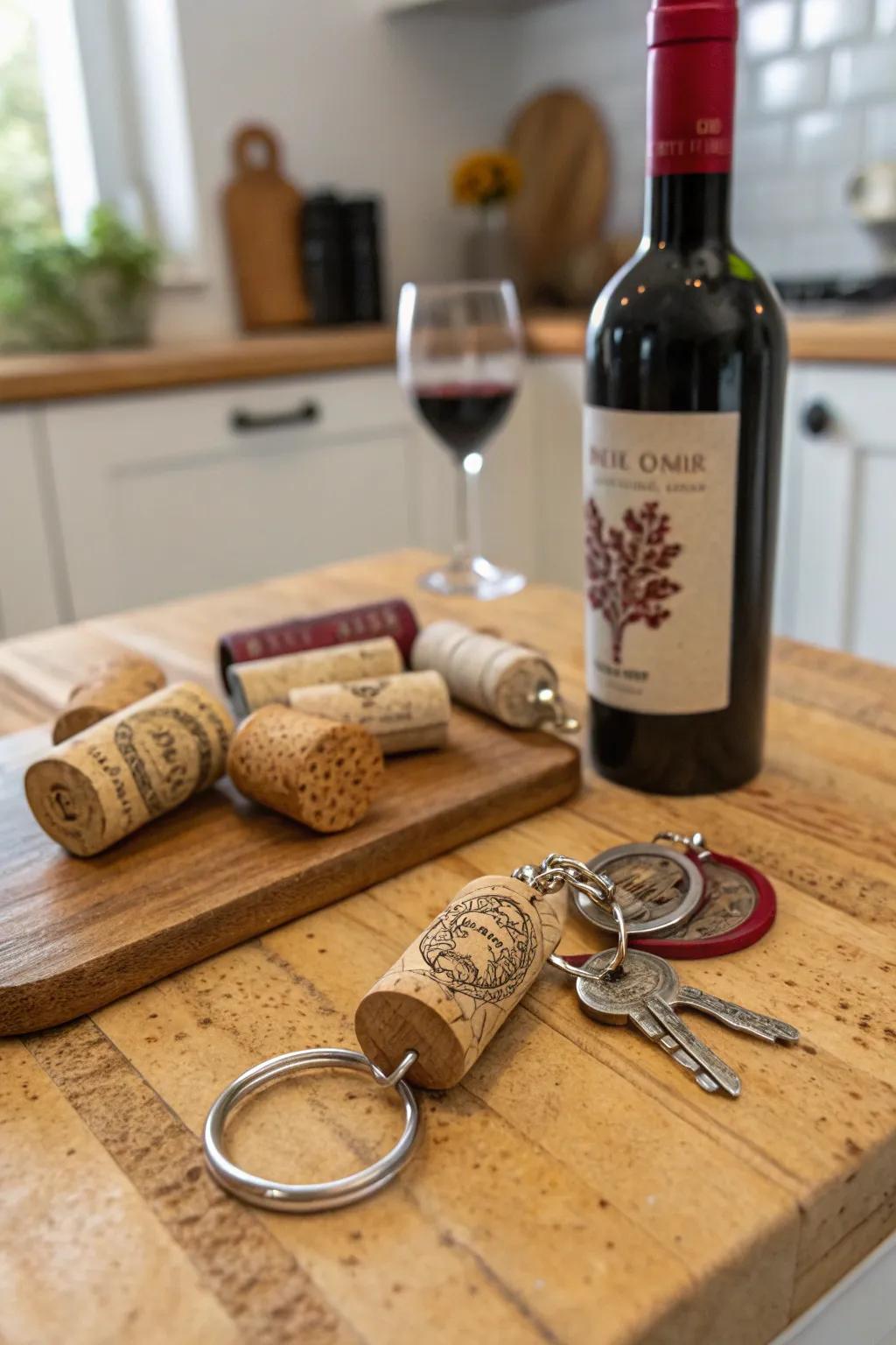 Eco-friendly charm with repurposed cork keychains.