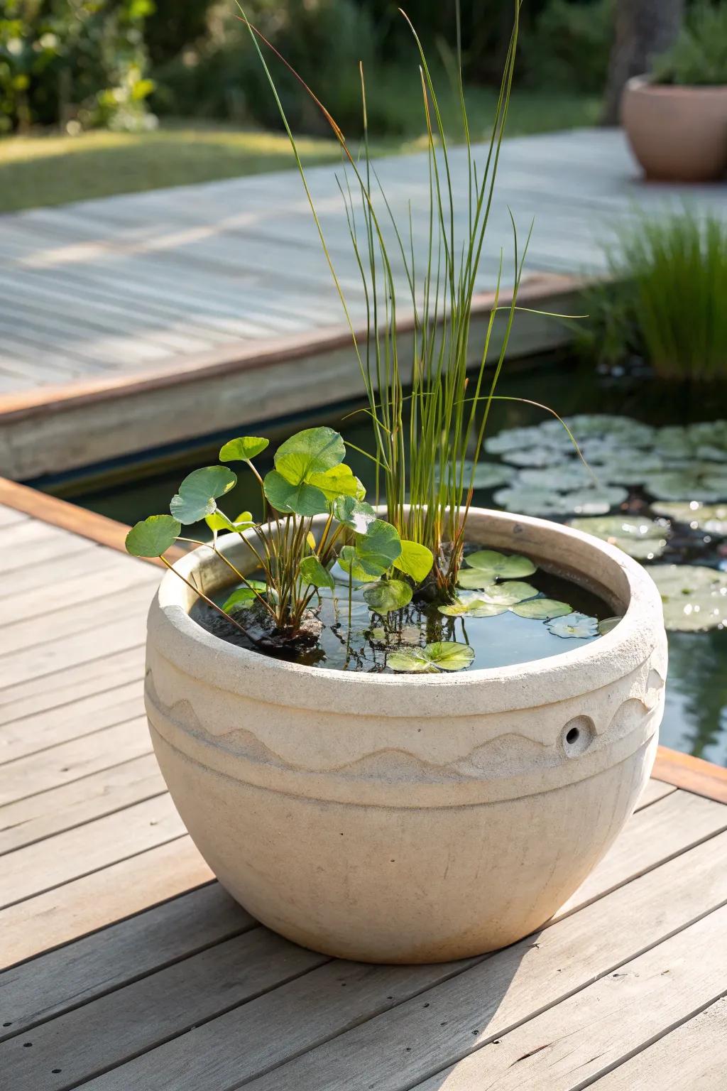Transform your space with a serene clay pot water garden â where simplicity meets natural beauty.