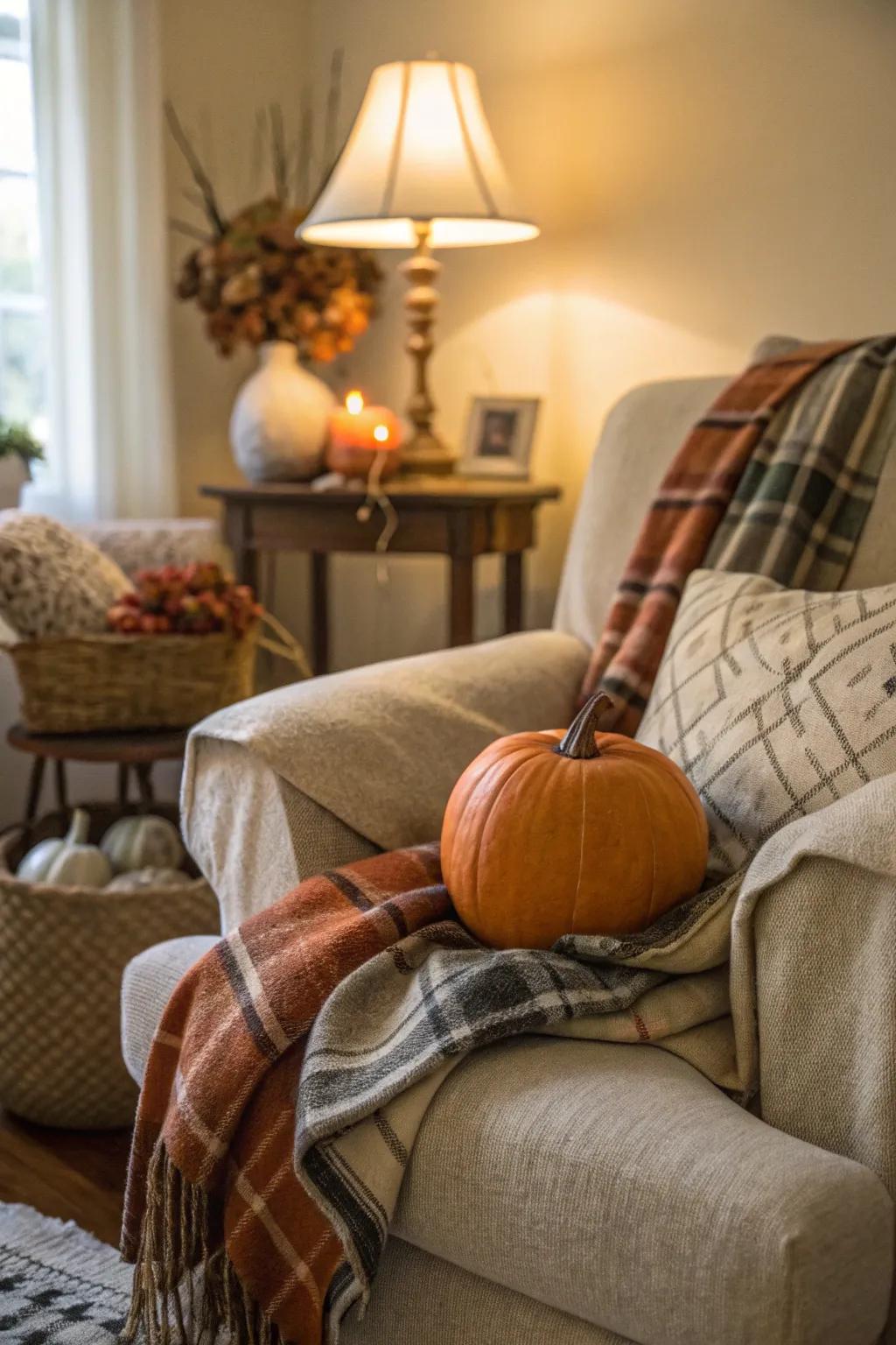 A fabric-wrapped pumpkin adding a cozy touch to home dÃ©cor.