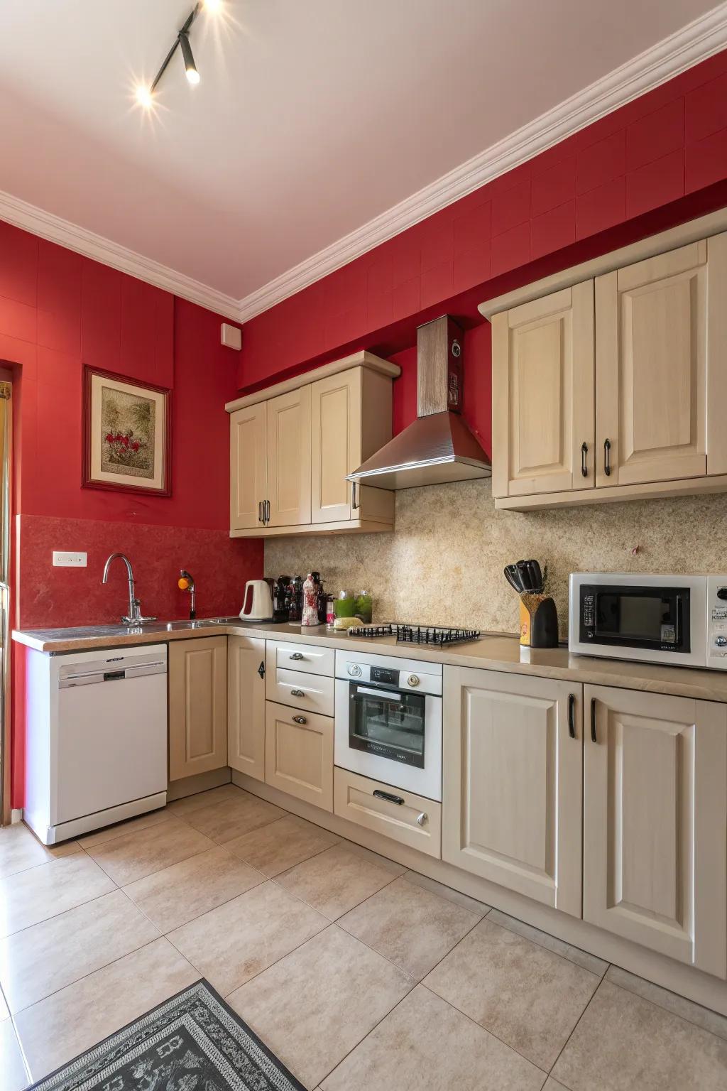 Red walls bring energy and warmth to a balanced kitchen design.