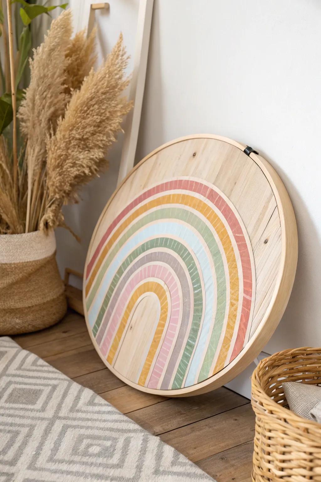 Add a splash of color and charm with this stunning circular rainbow pattern, perfect for a cozy corner.