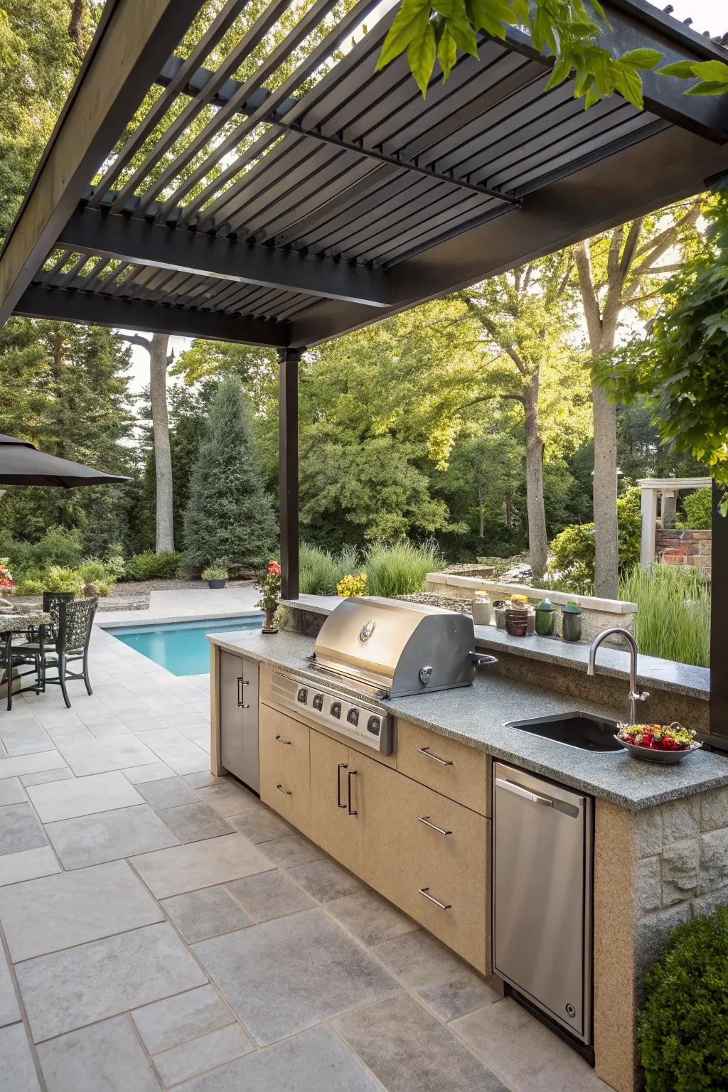 A charming pergola-covered pool kitchen with lush surroundings.