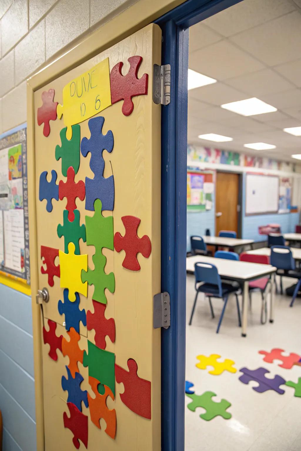 A puzzle-themed door celebrating each student's role