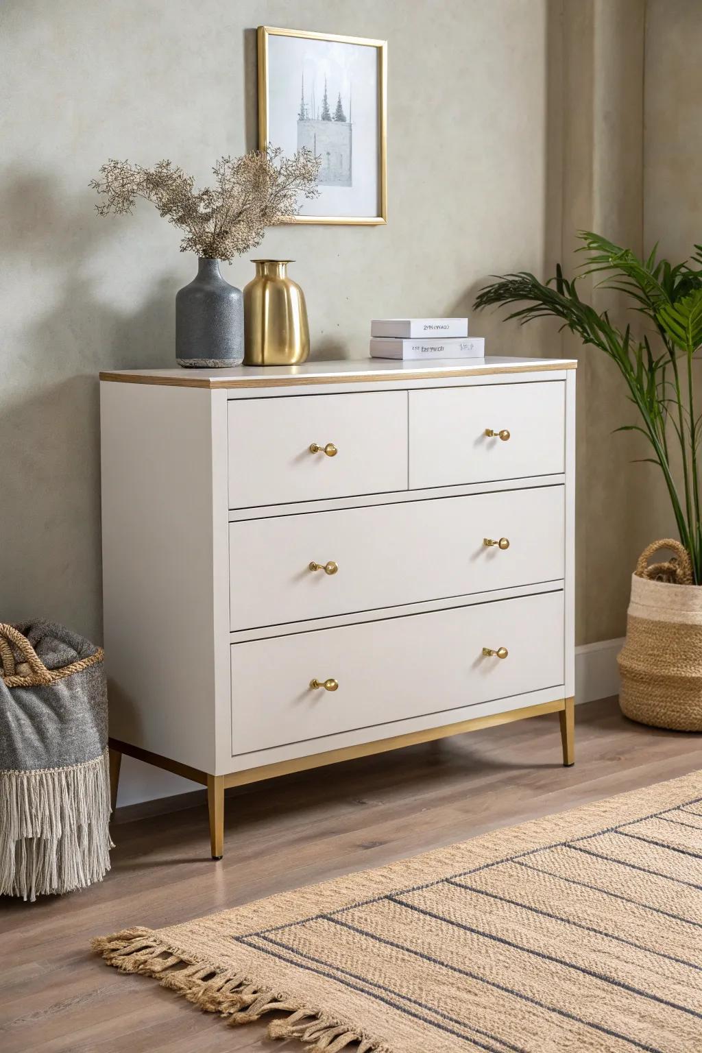 Add a touch of bohemian glamour to your space with metallic accents on minimalist furniture.