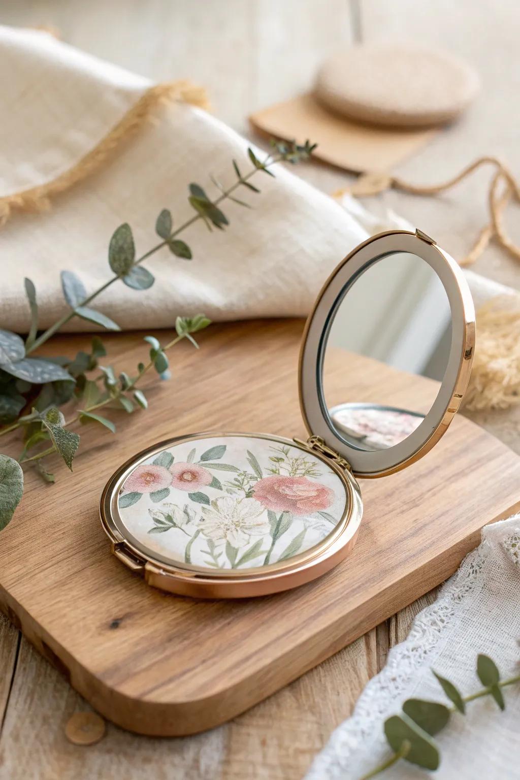 Transform a simple compact mirror into a personalized masterpiece with delicate decoupage. Embrace creativity and simplicity in design.