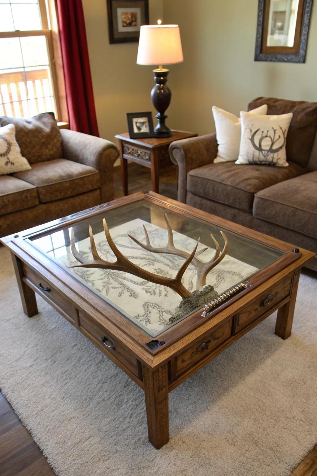 Display your antlers artistically with a shadow box coffee table.