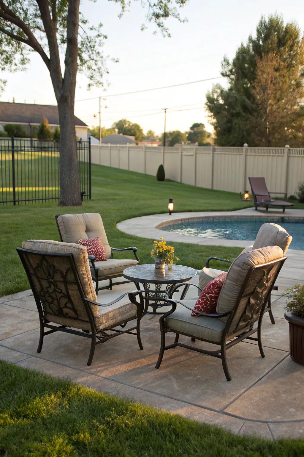 A cozy seating area invites relaxation and socializing by the pool.