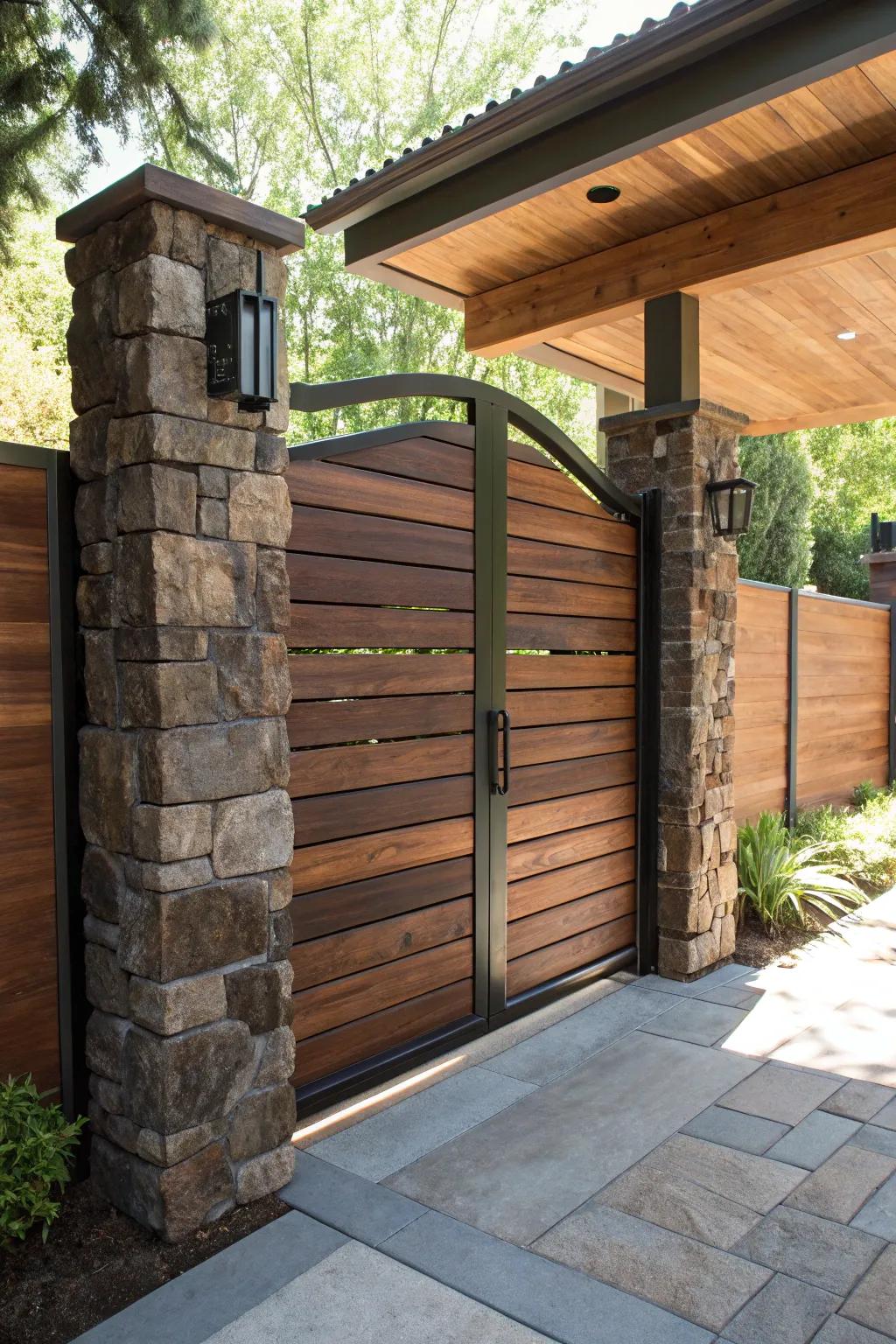 Elevate your outdoor space with a deck gate that masterfully blends wood and stone for a striking, contemporary look.