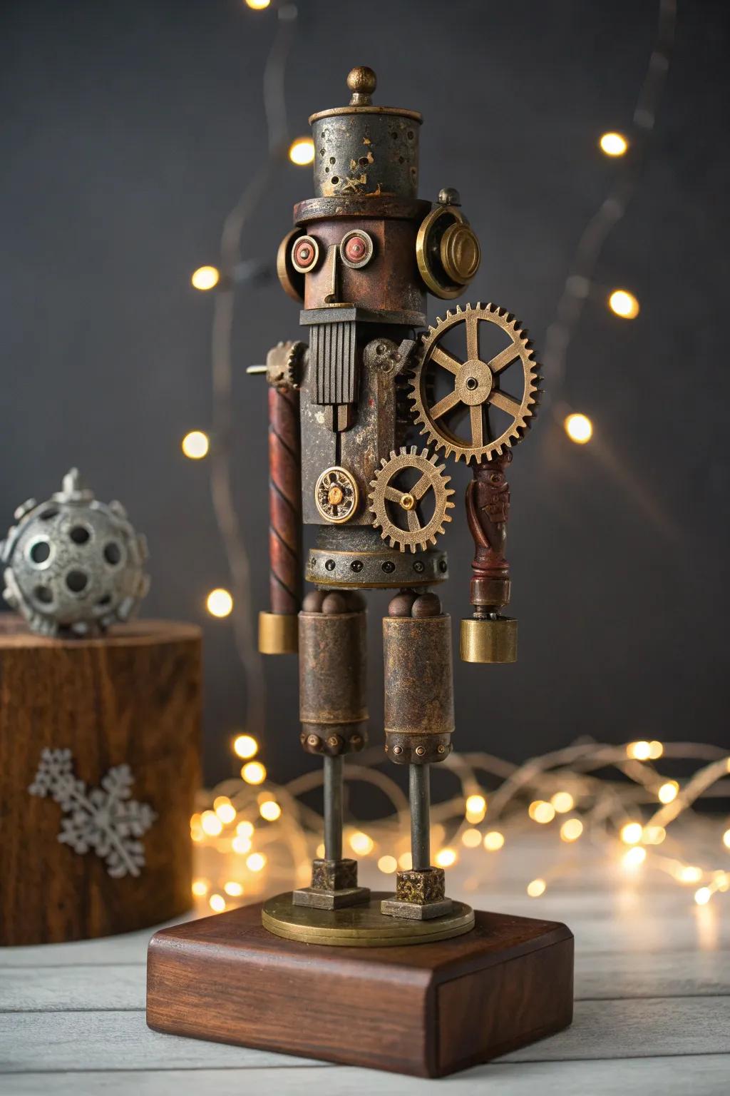 Elevate your holiday decor with a striking steampunk nutcracker, where vintage meets modern ingenuity.