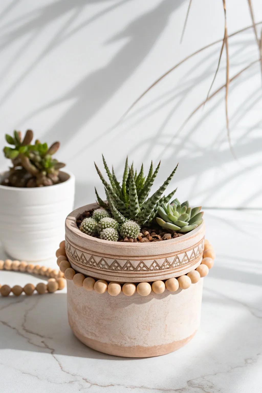 Elevate your plant decor with a clay pot that marries simplicity and boho charm.