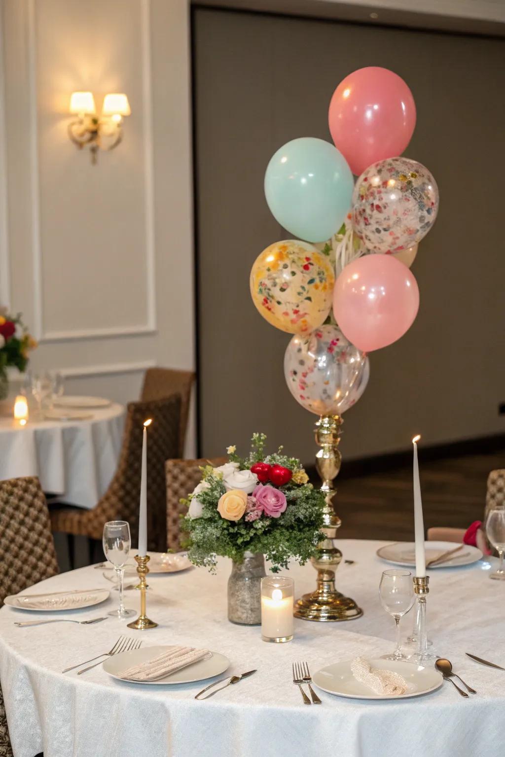 Balloon bouquets paired with elegant candle holders.