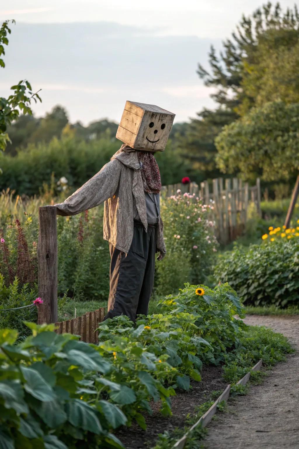 A wooden block head adds rustic charm to your scarecrow.