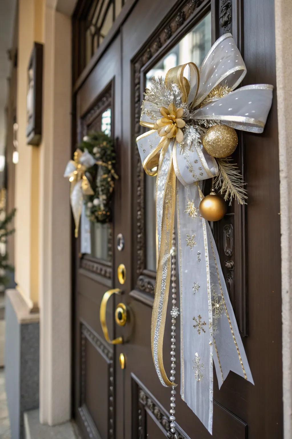 Elegant silver and gold accents on a front door