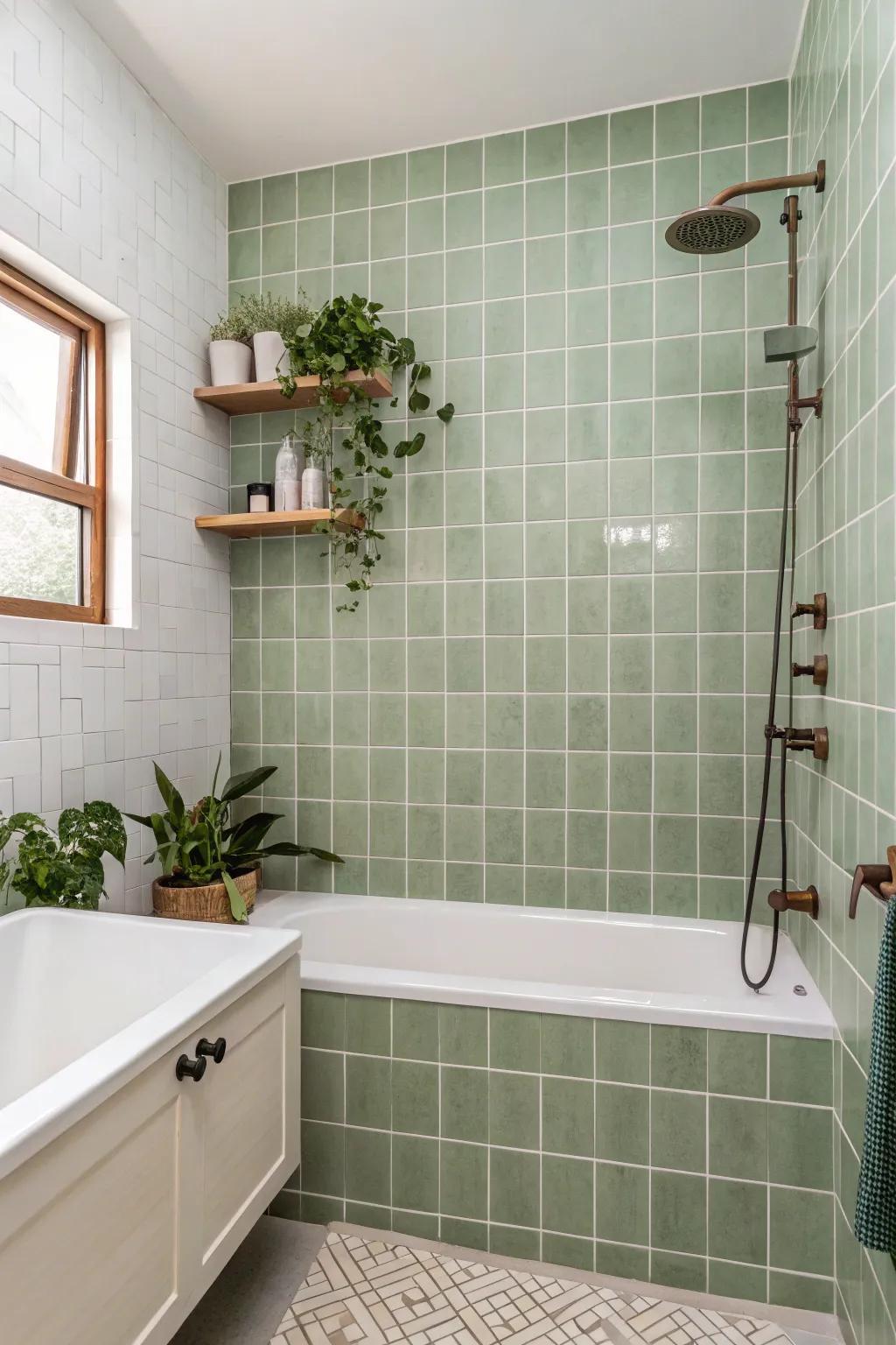 Sage green tiles add texture and elegance to a minimalist bathroom design.