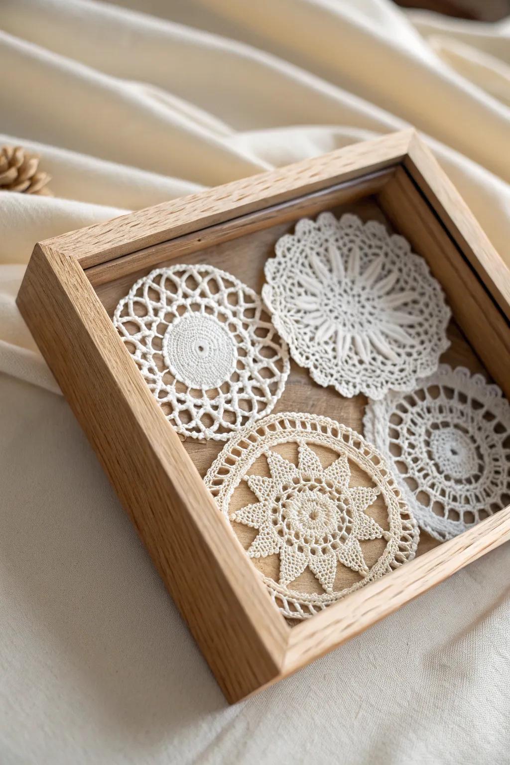 Capture elegance with a layered doily shadow box, perfect for adding a touch of artistry to any space.