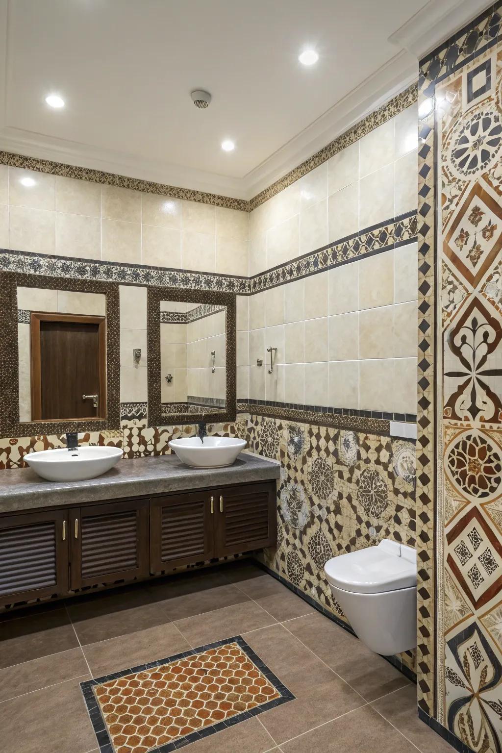 A bathroom featuring unique tile borders that add definition and style.