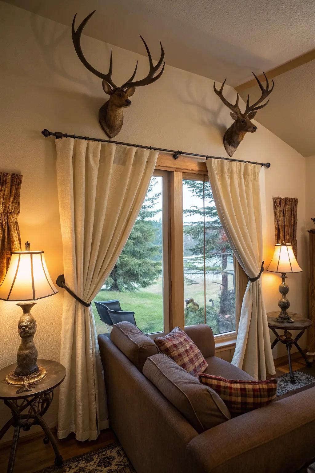 Use deer antlers as natural curtain tie-backs.