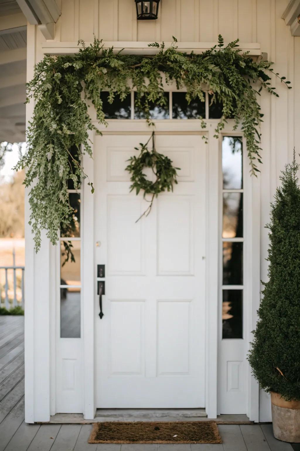 An elegant minimalist greenery swag over a front door