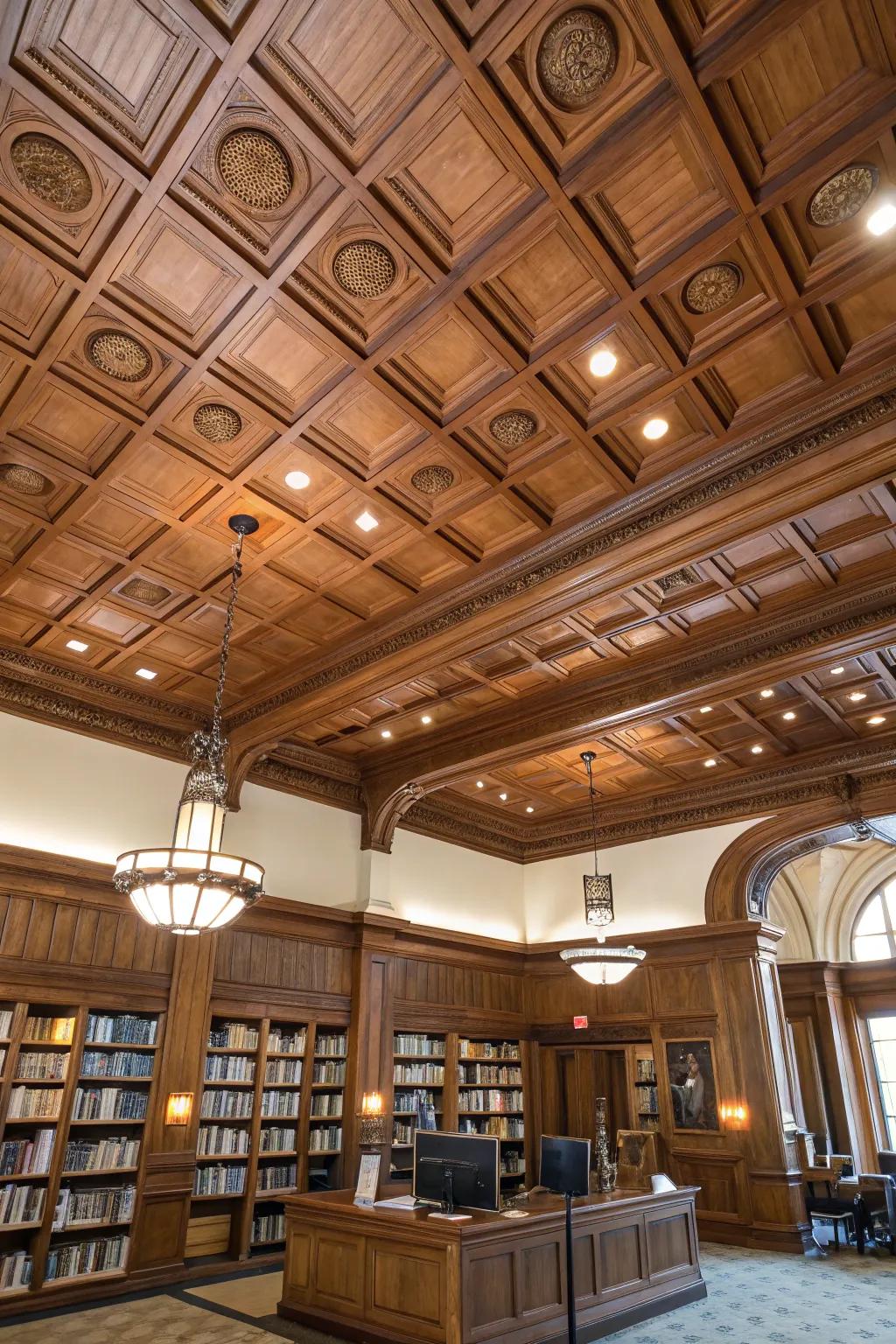 Wood paneling adds warmth and texture to a coffered ceiling.