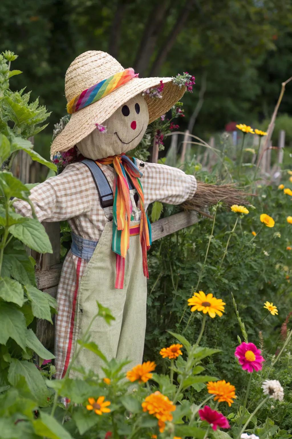 A whimsical straw hat head adds playfulness to your scarecrow.