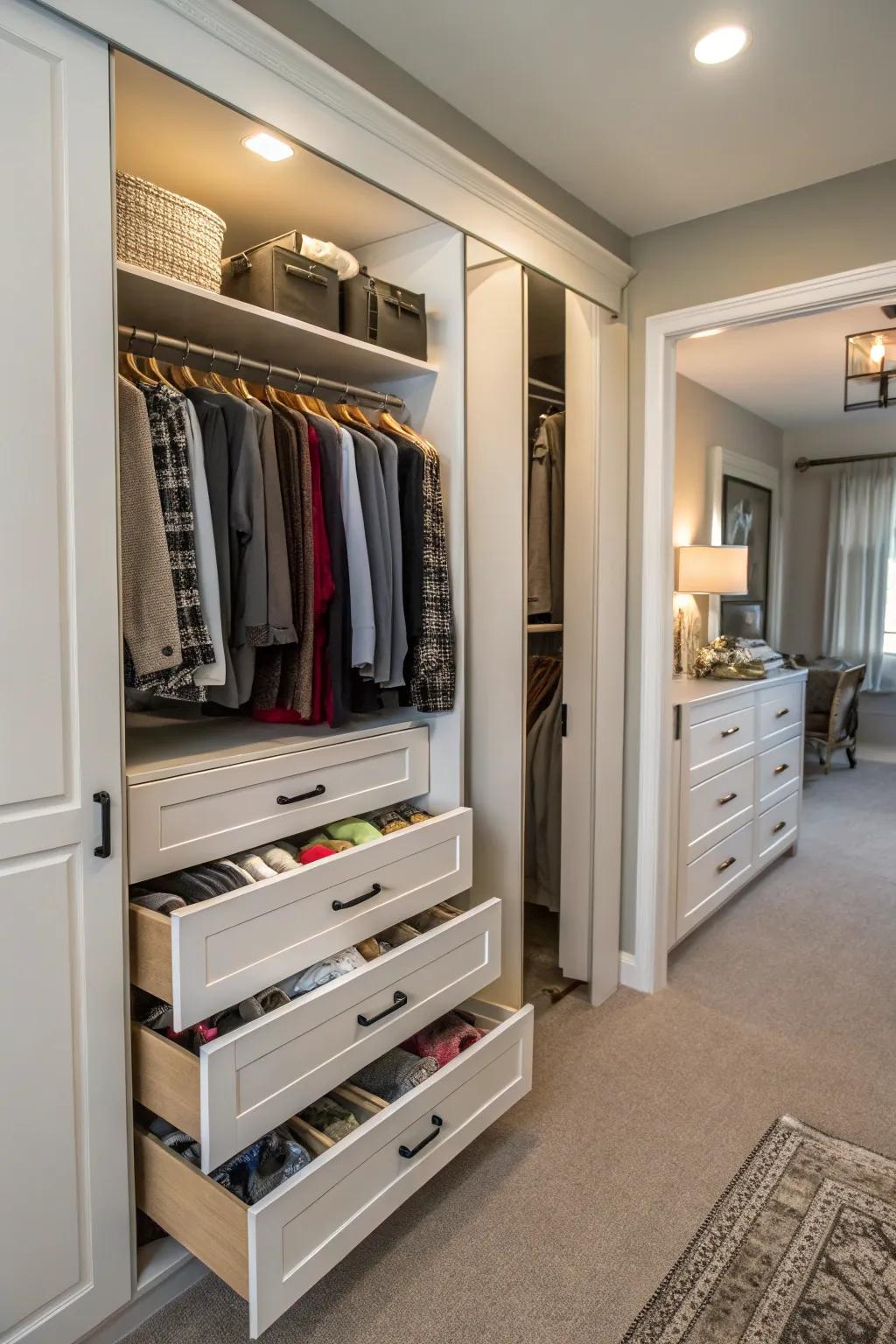 Sliding drawers bring hidden items within easy reach.