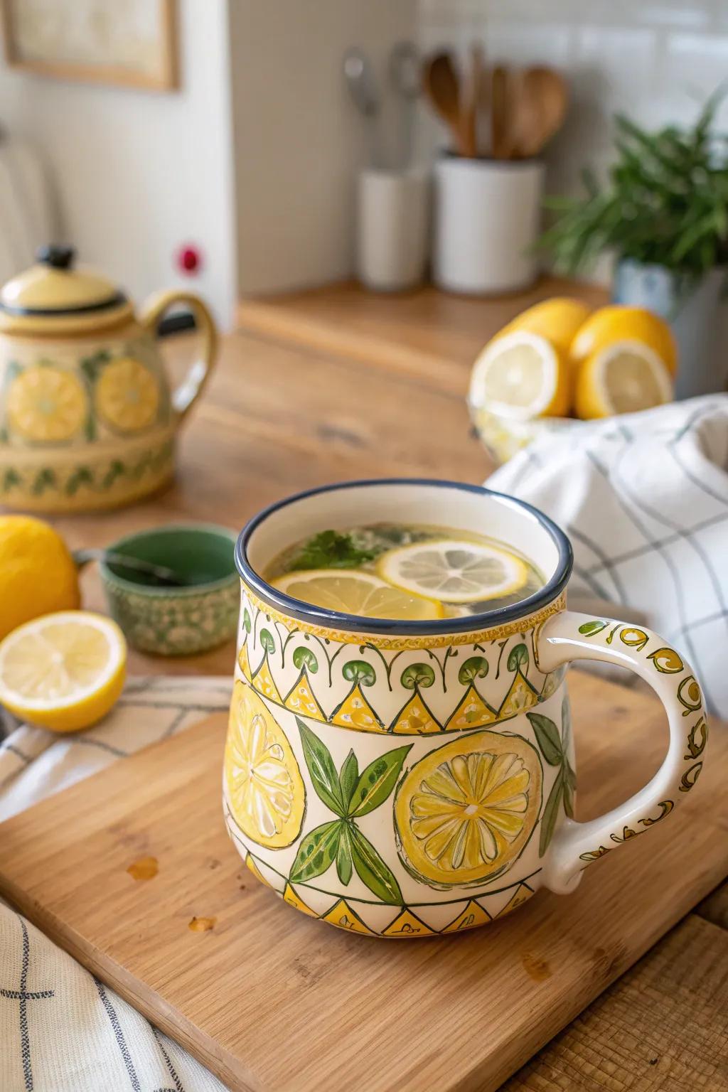 A colorful hand-painted lemon mug for a cheerful touch.