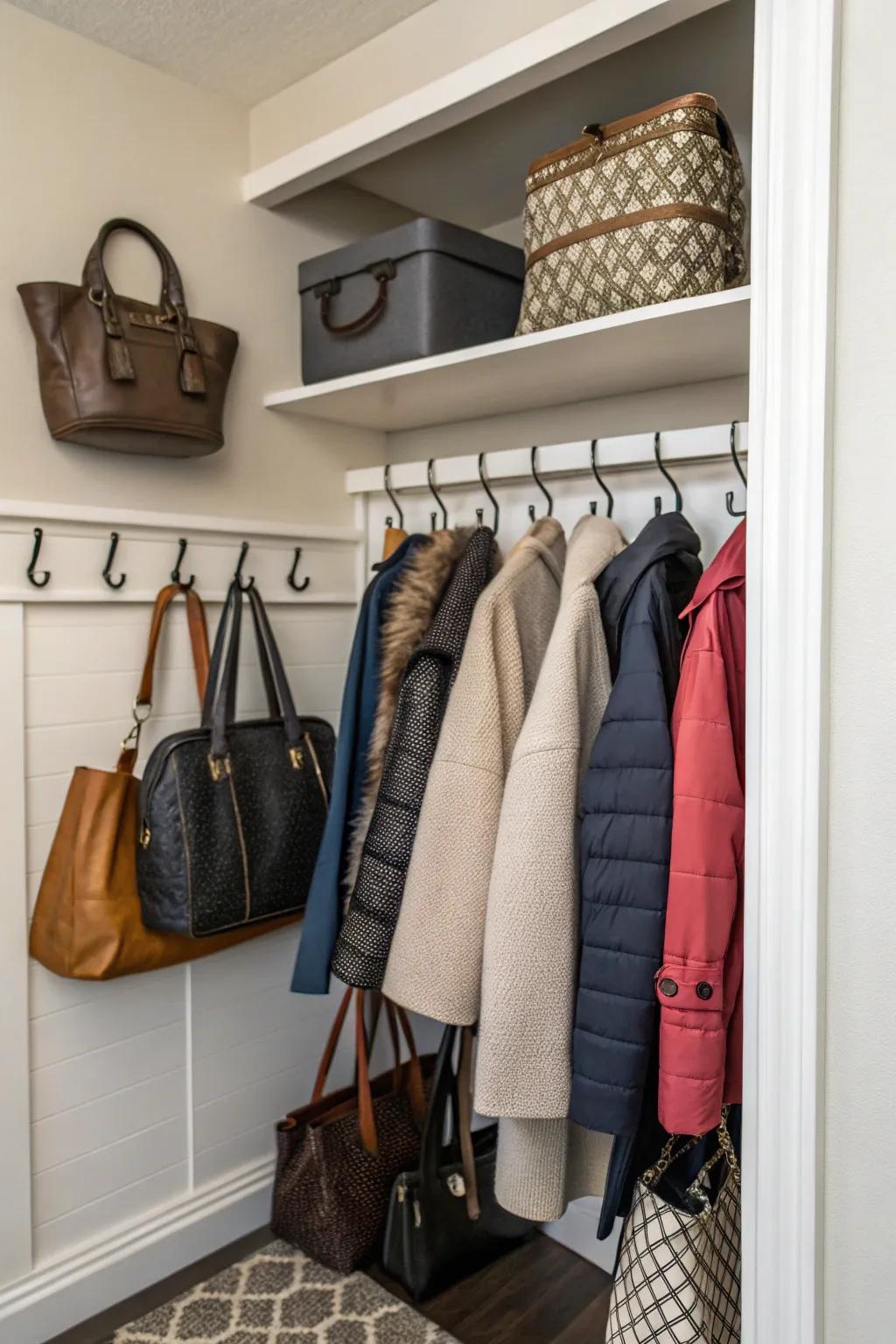Hooks bring a touch of order and accessibility to your coat closet.