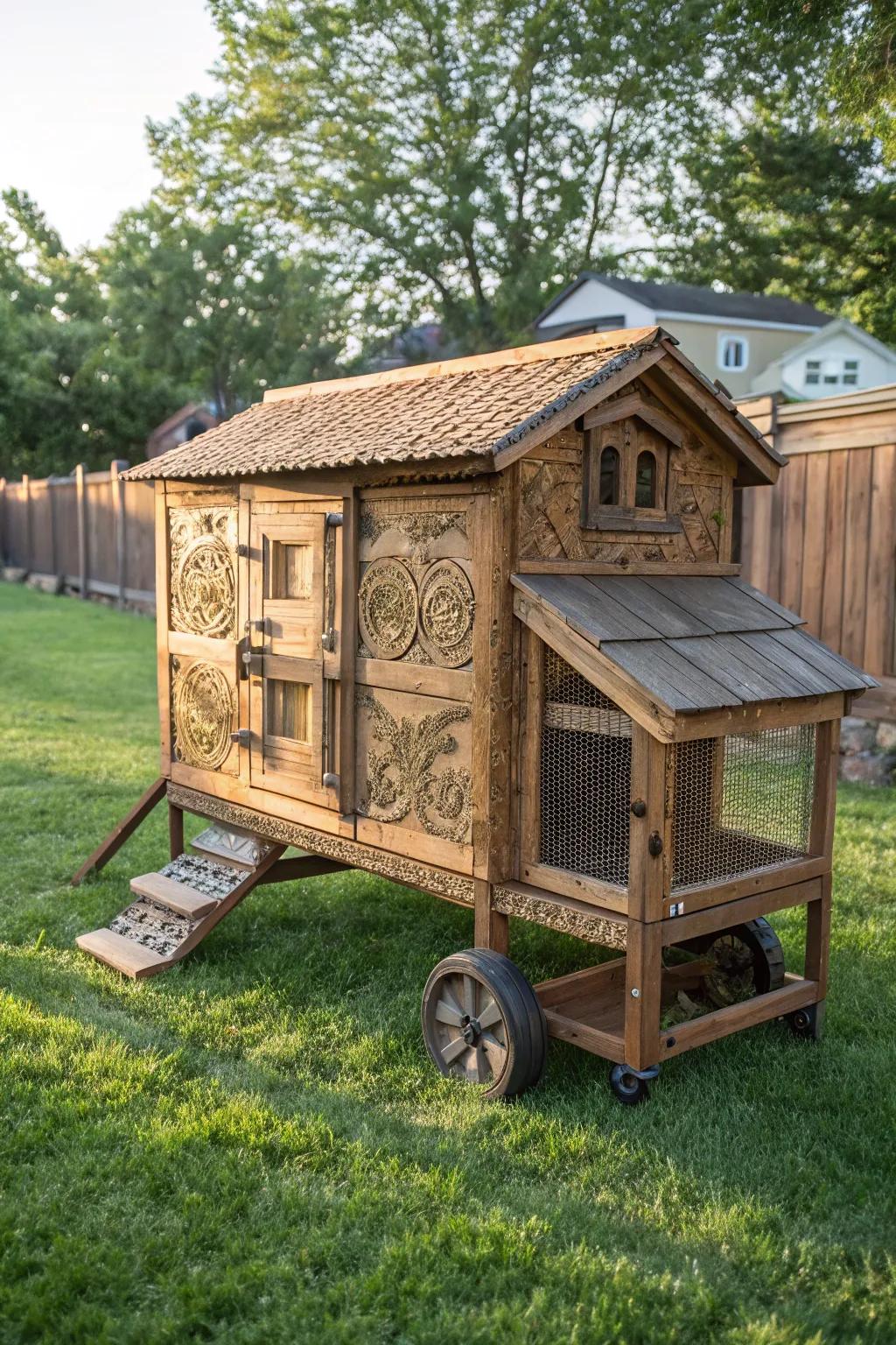 Roll into Rustic Charm: Elevate your backyard with a handcrafted mobile chicken coop.