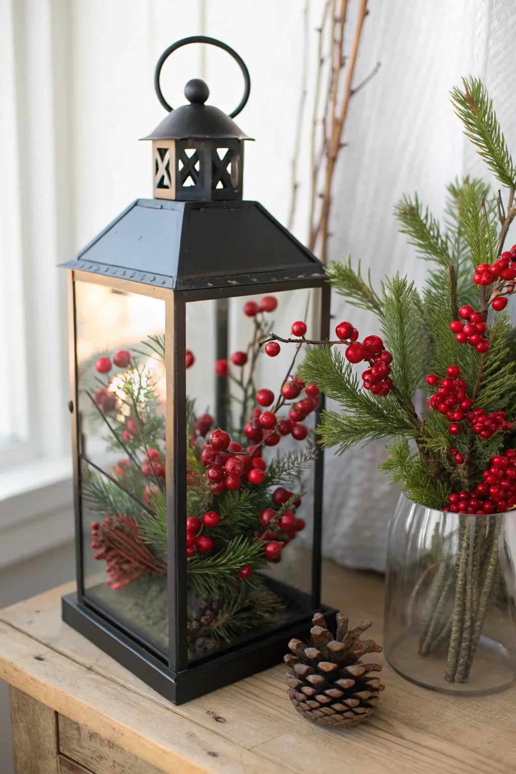 Illuminate your holiday season with a touch of Scandinavian elegance: a stunning DIY lantern adorned with vibrant red berries and lush greenery.