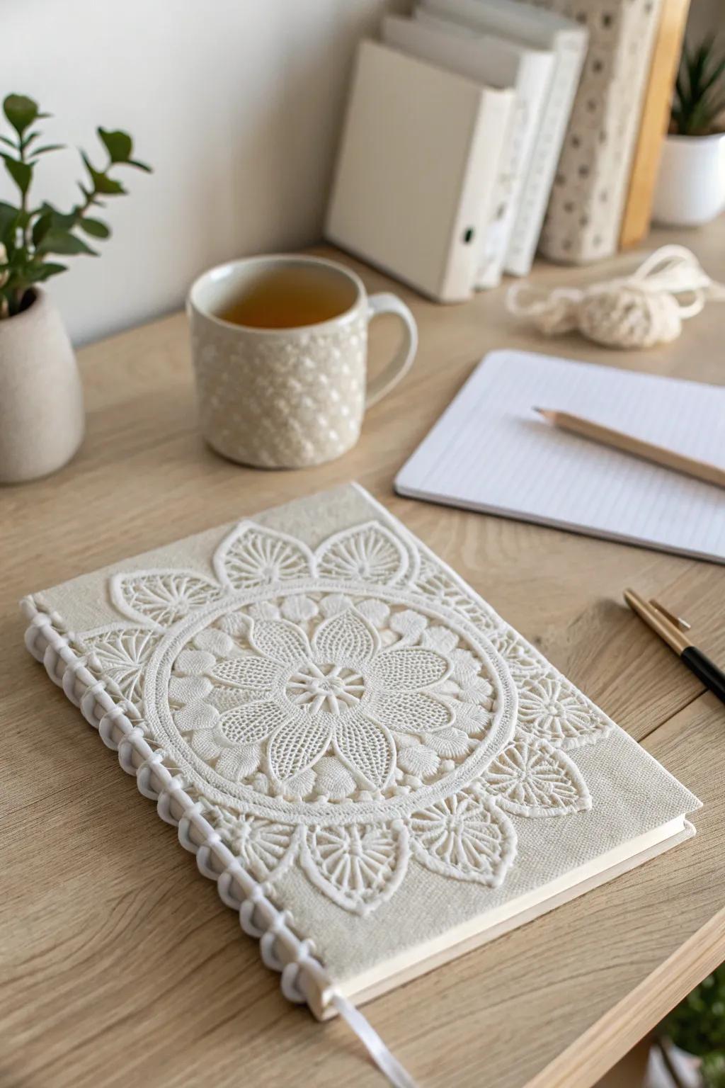Transform your stationery with a touch of elegance and simplicityâdiscover the art of doily-covered notebooks.