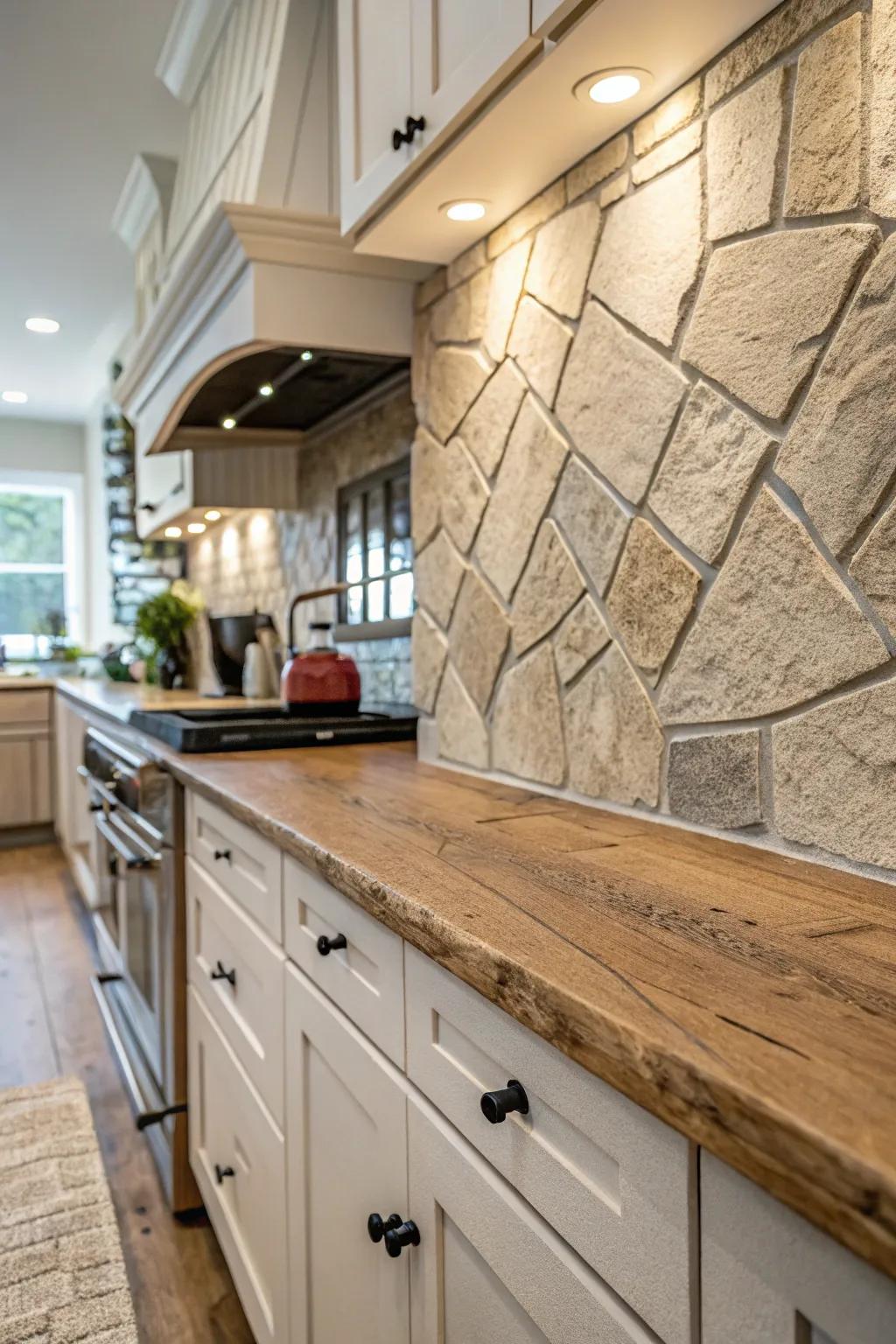 Over-grouted stone adds unexpected rustic charm to this kitchen.