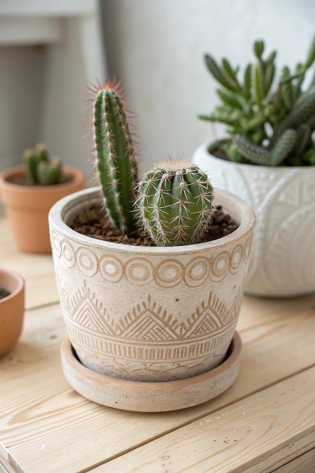 Elevate your greenery with stamped clay pots â where simplicity meets artistry.