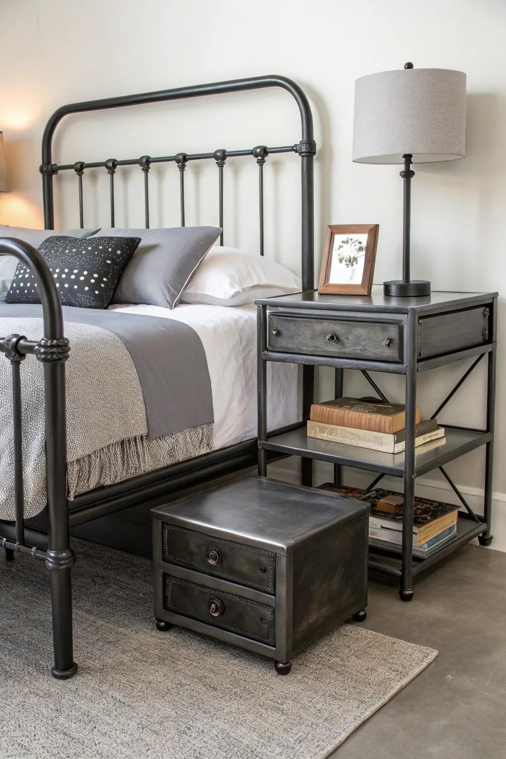 Industrial accents complement the wrought iron bed, creating a cohesive look.