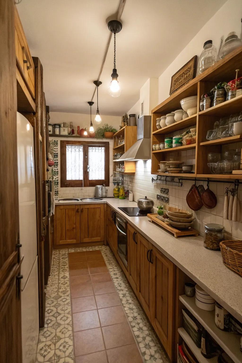 Hanging shelves providing stylish division and storage.