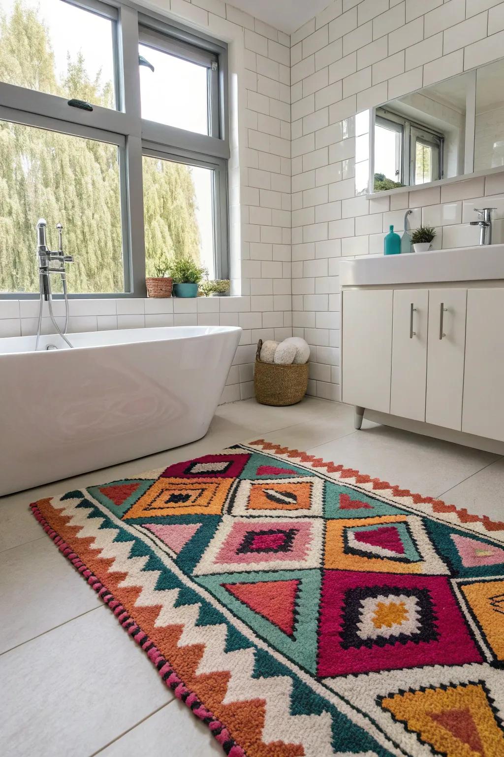 Funky rugs add comfort and style to the bathroom floor.