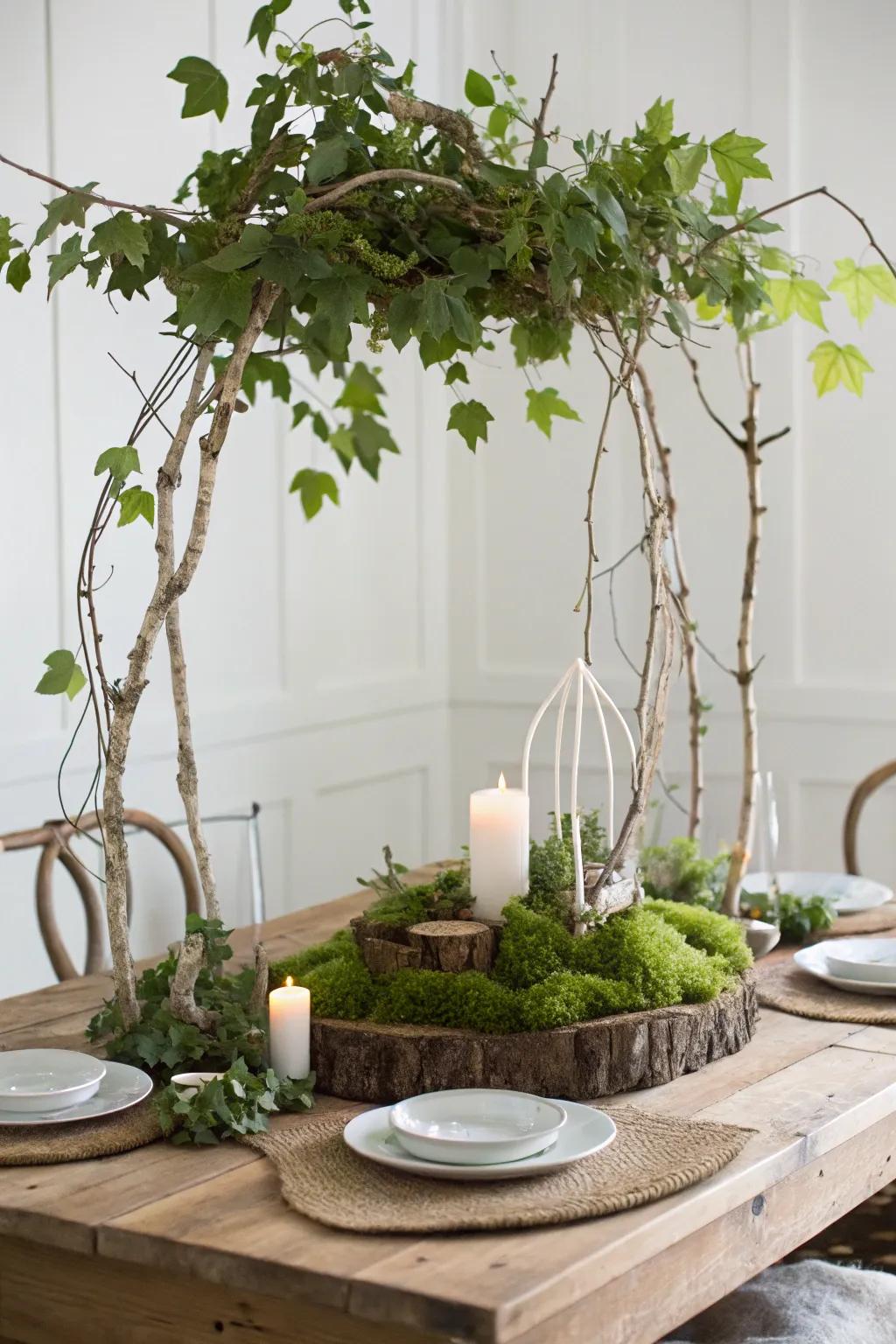 Step into a serene forest retreat with this enchanting leafy canopy centerpiece, perfect for your minimalist-boho dining space.