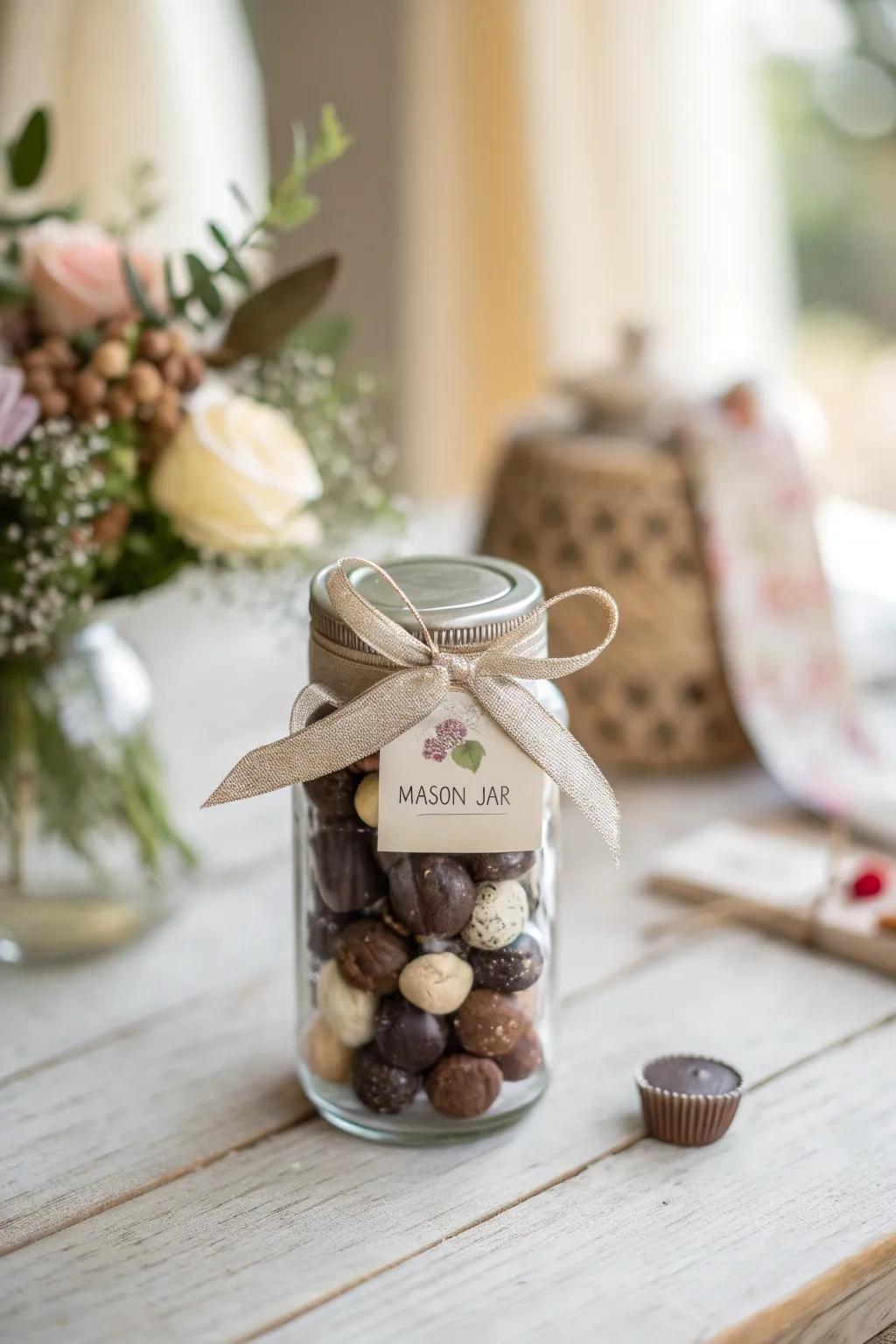 Indulge in sweetness with our Chocolate Lovers' Delight mason jar favors, a perfect blend of simplicity and elegance.