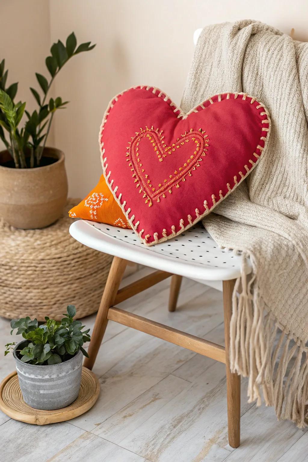 Add a touch of handmade love to your decor with this vibrant heart pillow, perfect for a cozy Valentine's Day gift.
