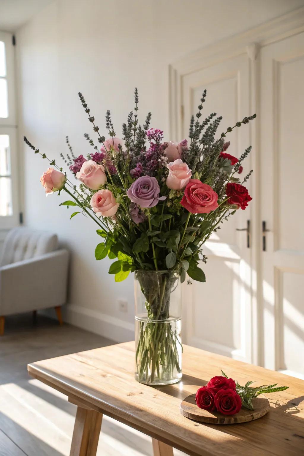 Create a fragrant oasis with a stunning rose and lavender arrangement.