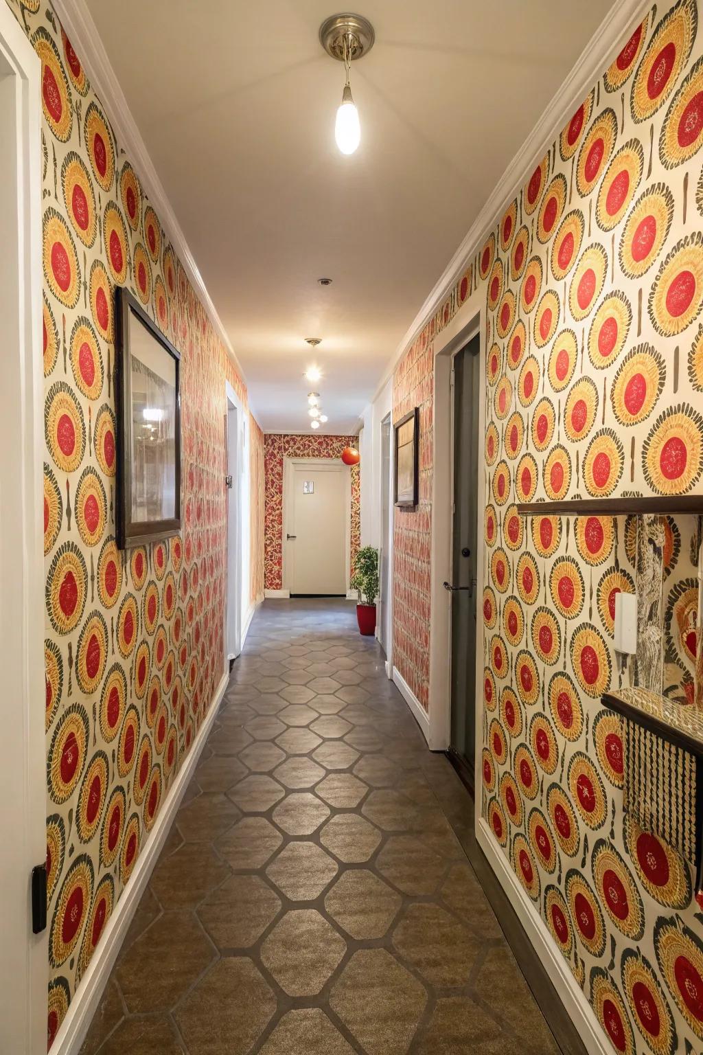 Hallway with eye-catching wallpaper and simple lighting.
