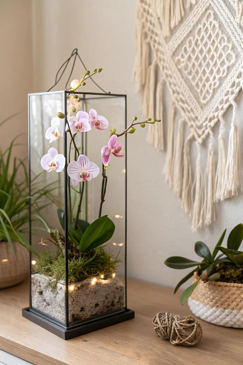 Illuminate your space with the enchanting glow of an LED-lit orchid terrarium, where simplicity meets natural elegance.
