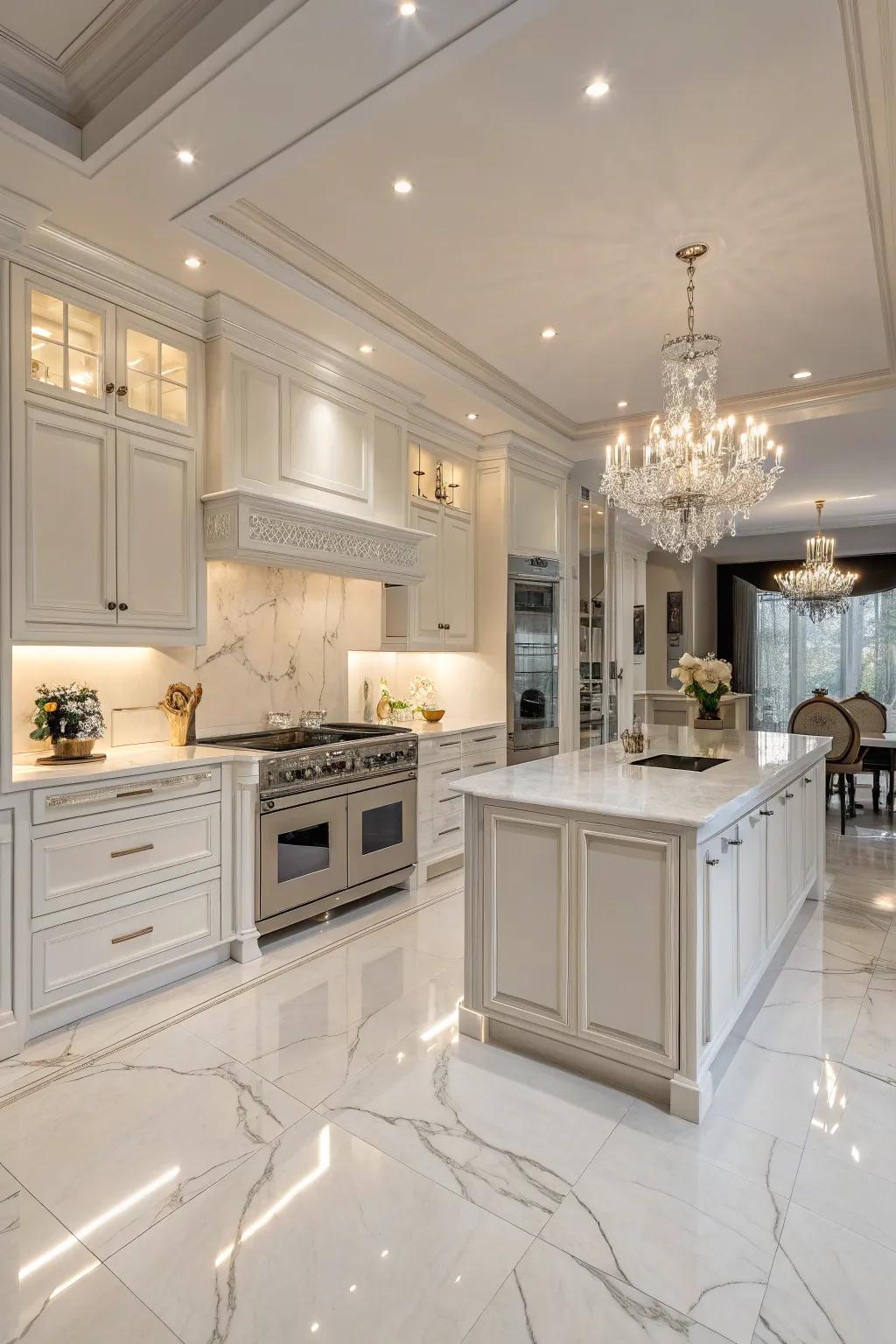 A glamorous kitchen featuring bright and luxurious snow white honed marble floors.