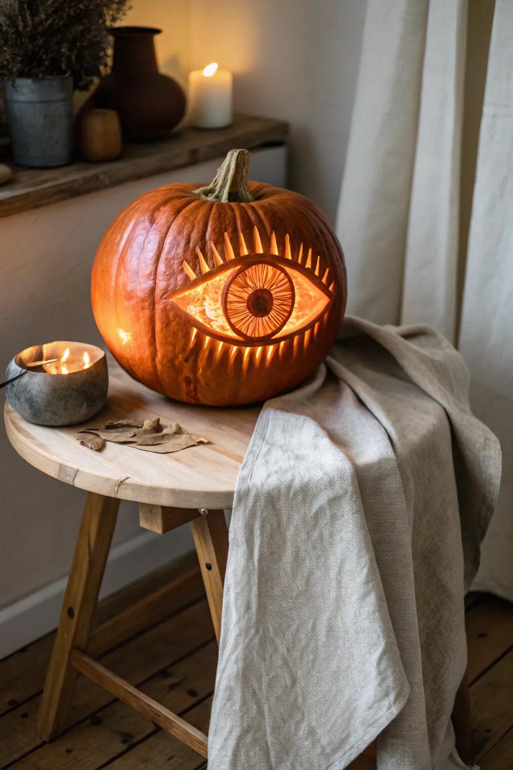 Gaze into the haunting beauty of simplicity with this eerie eyeball jack-o-lantern. Perfect for a minimalist's spooky season!