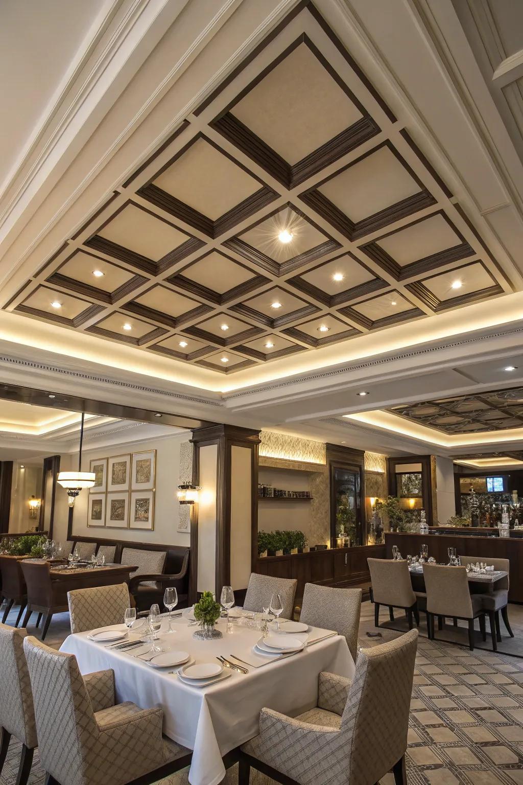A two-tone coffered ceiling brings depth and style to the dining room.