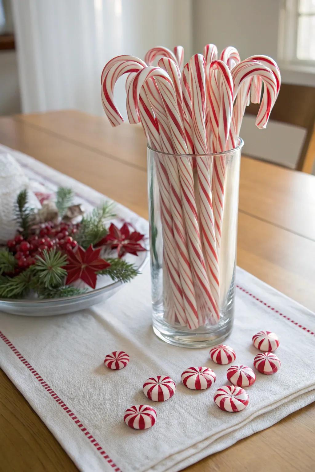 Elevate your holiday table with this chic candy cane centerpiece, where simplicity meets festive flair.
