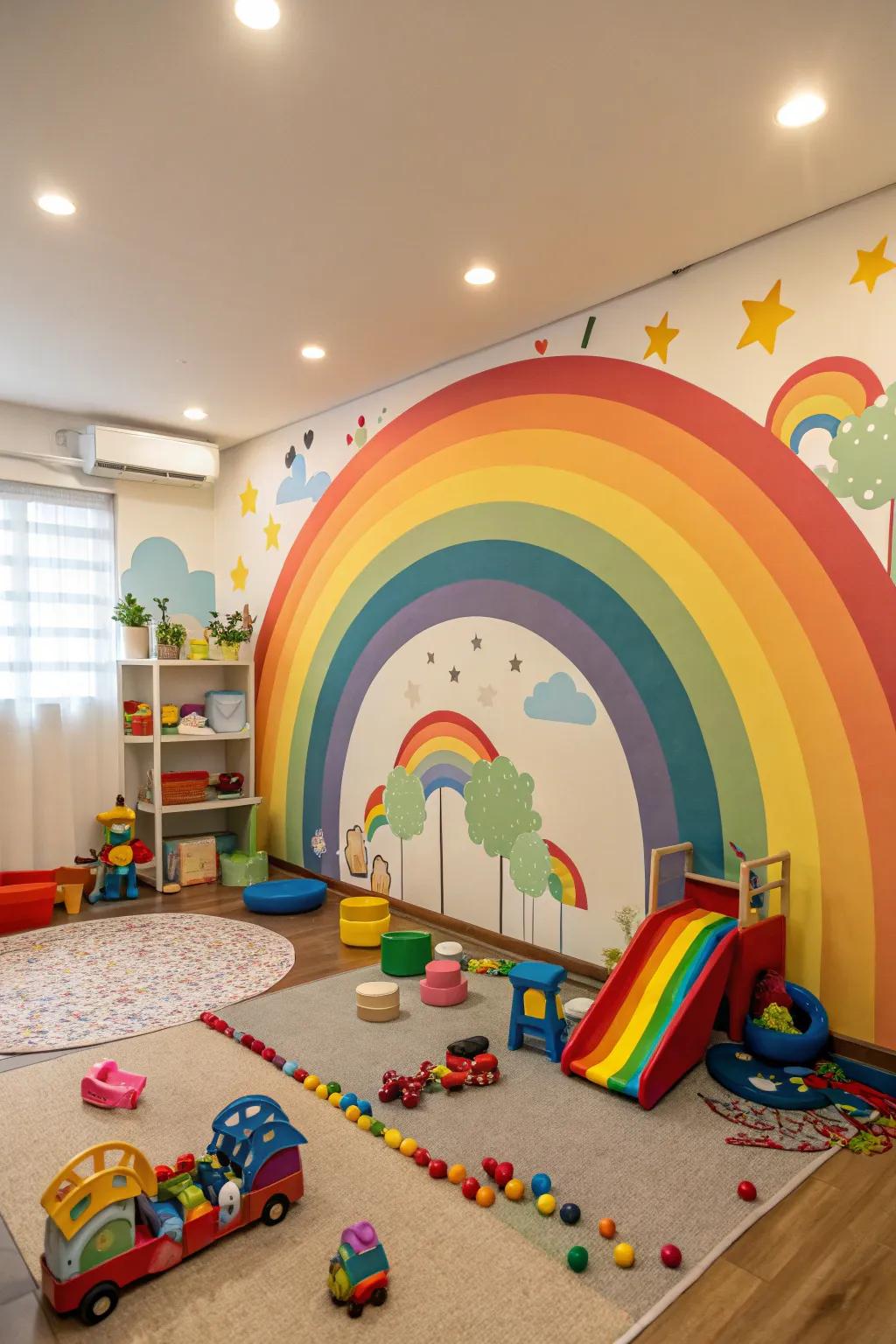 A rainbow wall turns a playroom into a vibrant and exciting space.