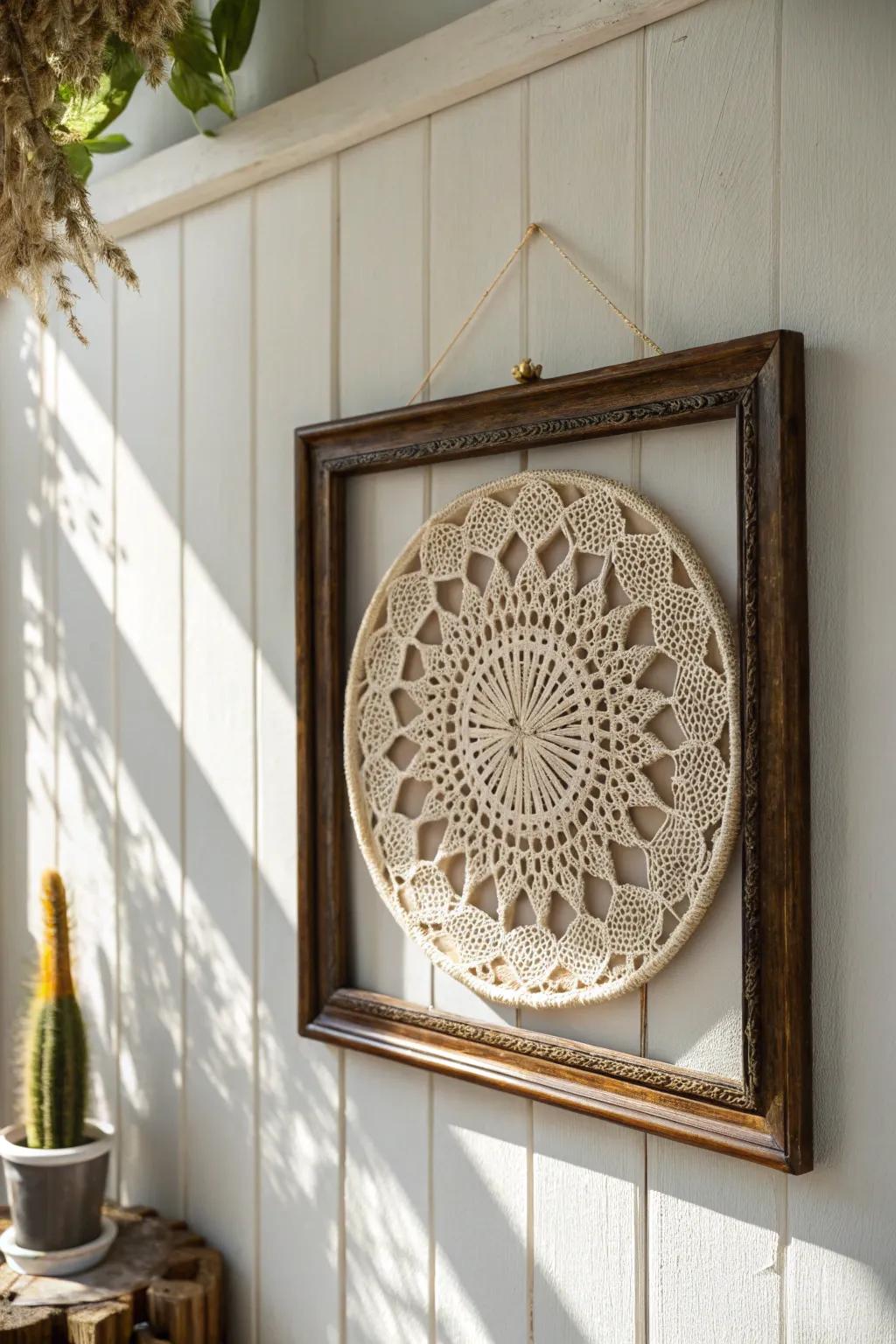 Elevate your space with framed doily eleganceâwhere vintage charm meets minimalist style.