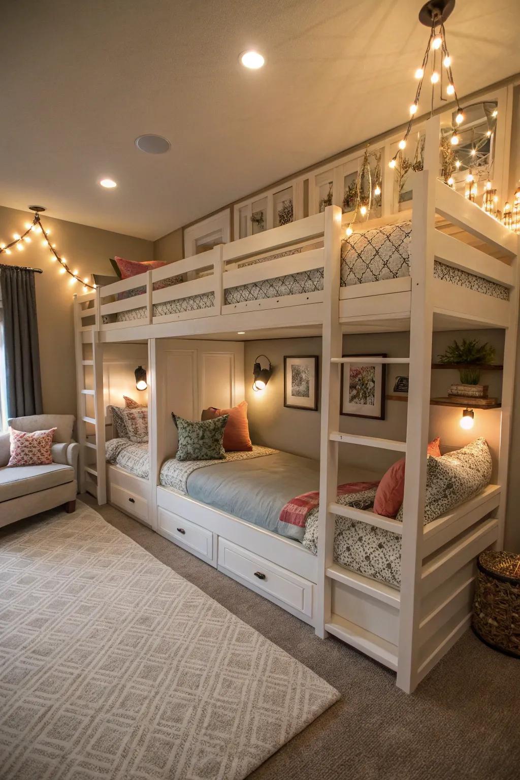L-shaped quad bunk beds that offer both style and functionality, complete with a cozy reading nook.